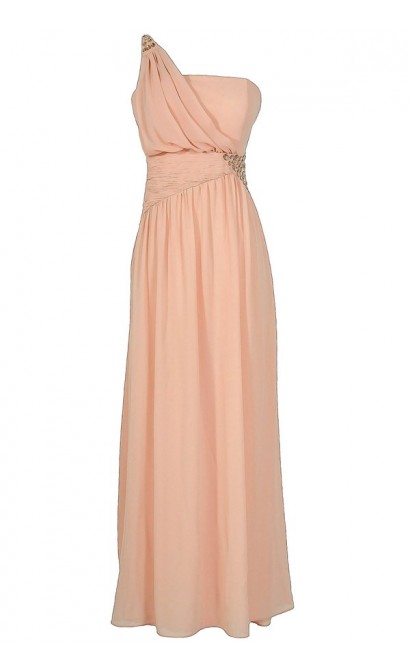 One Shoulder Embellished Maxi Dress in Blush